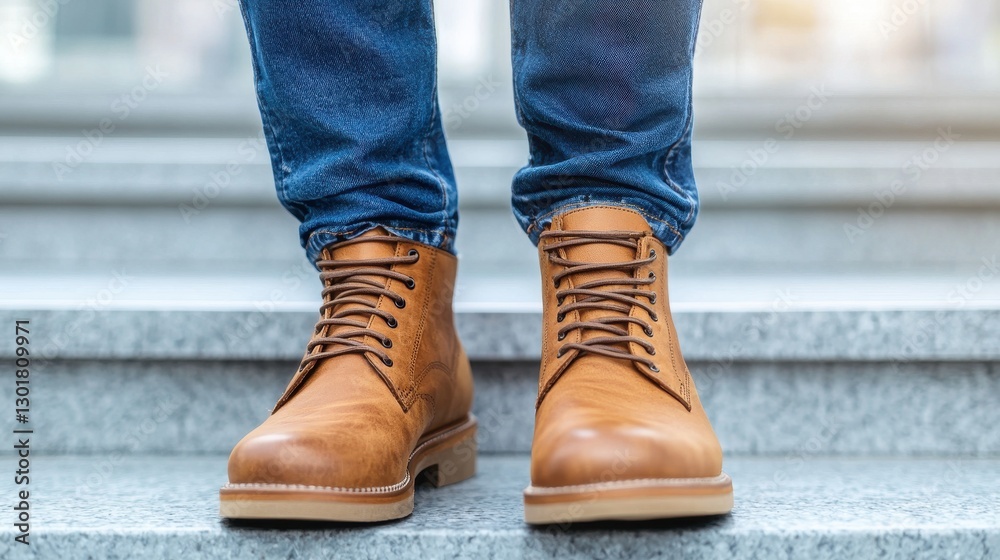 Stylish Brown Leather Boots on Concrete Steps in Urban Environment Stylish Brown Leather Boots on Concrete Steps in Urban Environment