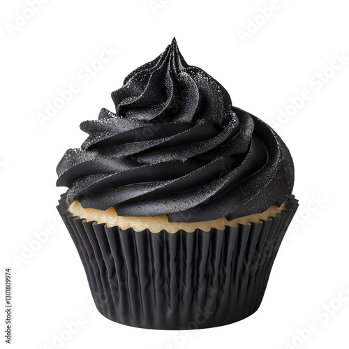 Close-up of a delicious vanilla cupcake with elegant black frosting, sprinkled with silver dust