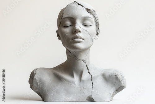 Damaged stone bust statue depicting a woman head with large cracks in the marble or sandstone.