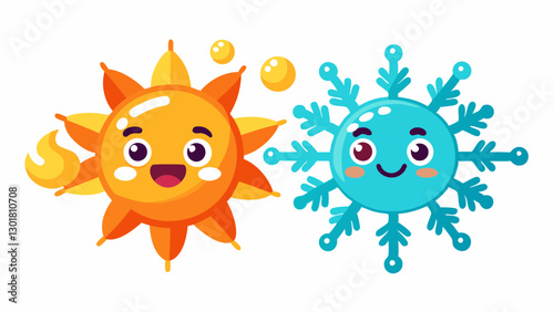 Heat and cool symbol featuring cute sun and snowflake characters in a colorful style