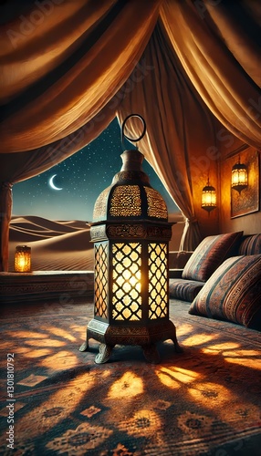 An ornate metal lantern with intricate patterns, casting warm light inside a desert tent at night, with a crescent moon above, perfect for islamic background and wallpaper