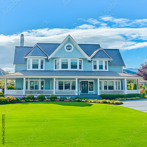 Photo Lush Green Lawn, Blue...