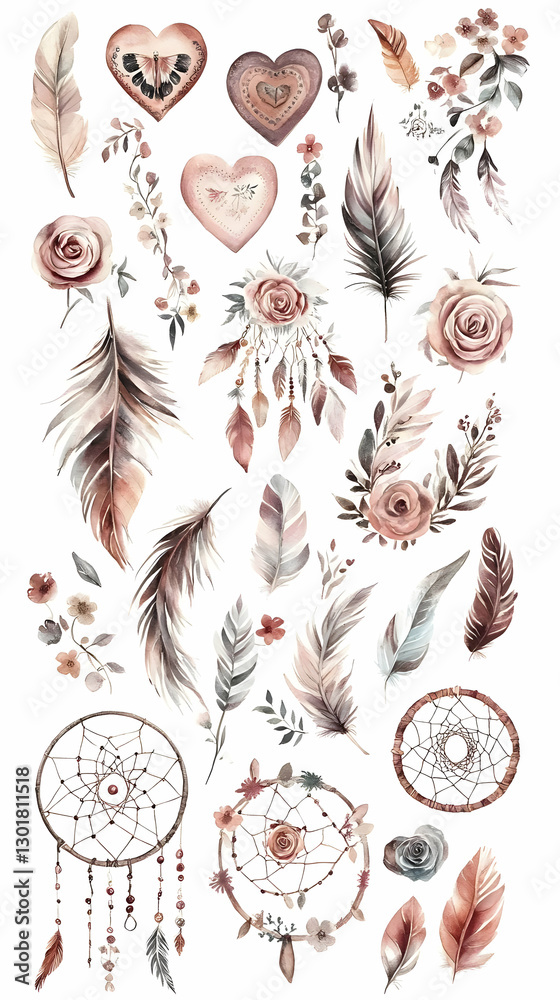 Naklejka premium Watercolor Illustration Dreamcatcher Feathers Flowers Hearts Boho Chic