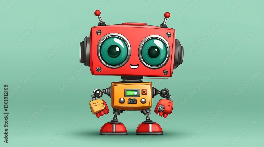 Fototapeta premium Cheerful Red Robot: A Digital Illustration Against a Teal Background AI Generated