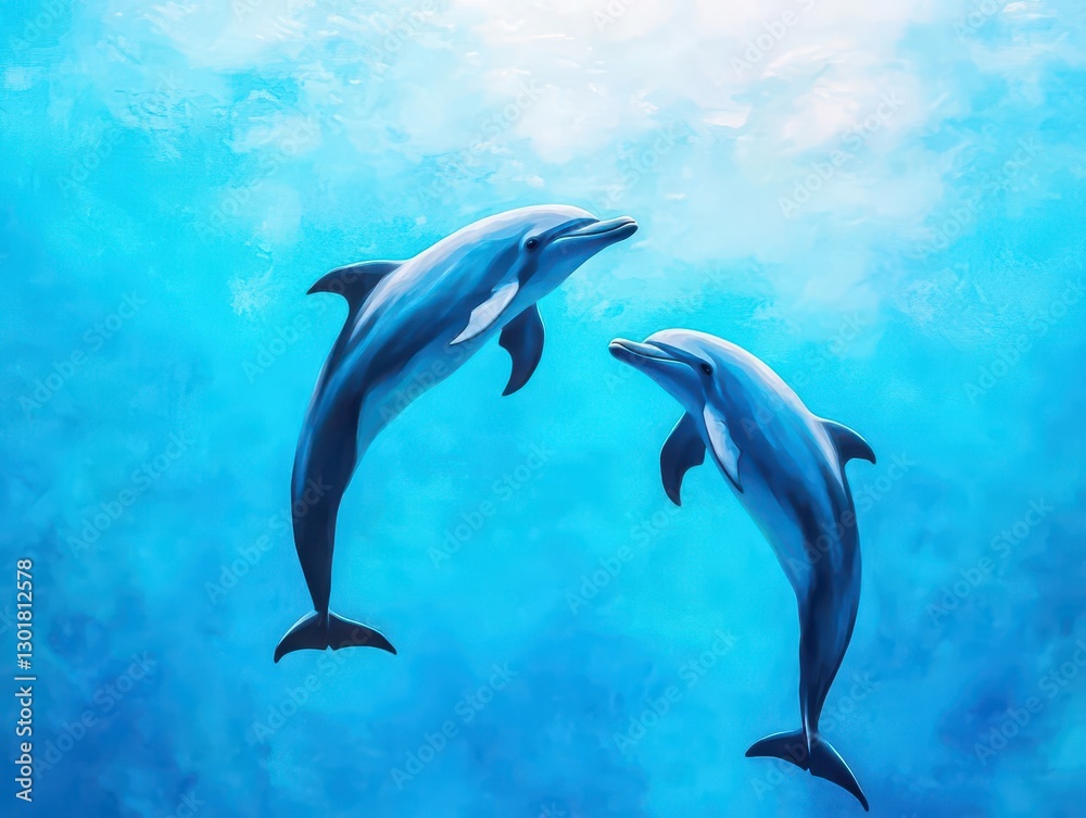 Fototapeta premium Two Playful Dolphins Swimming Gracefully in the Vibrant Blue Ocean Under the Bright Sunlight Creating a Joyful and Lively Marine Scene of Nature