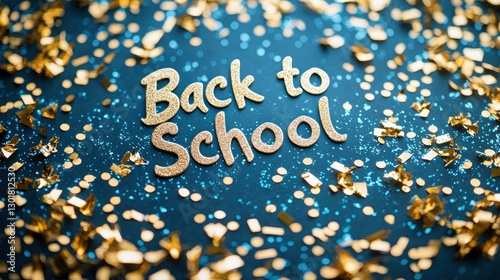Back to School text on blue backdrop with falling confetti, education theme