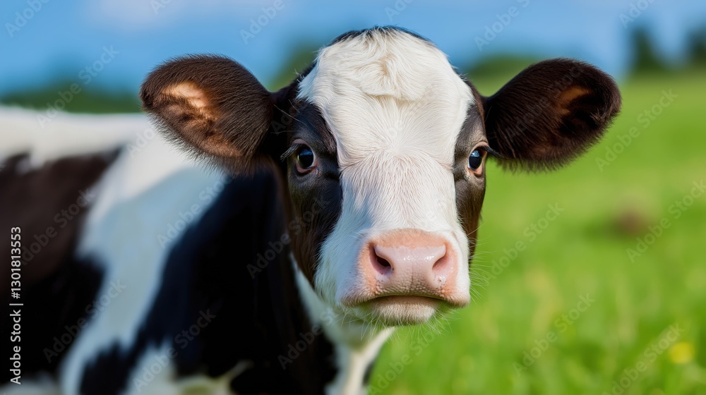 A black and white Holstein calf standing in a lush green field under a bright blue sky. Perfect for themes of farming, agriculture, and dairy production A black and white Holstein calf standing in a lush green field under a bright blue sky. Perfect for themes of farming, agriculture, and dairy production