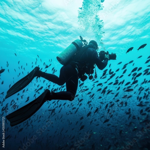 Wallpaper Mural Scuba Diver Capturing Underwater Life Amidst Vibrant Fish School Torontodigital.ca
