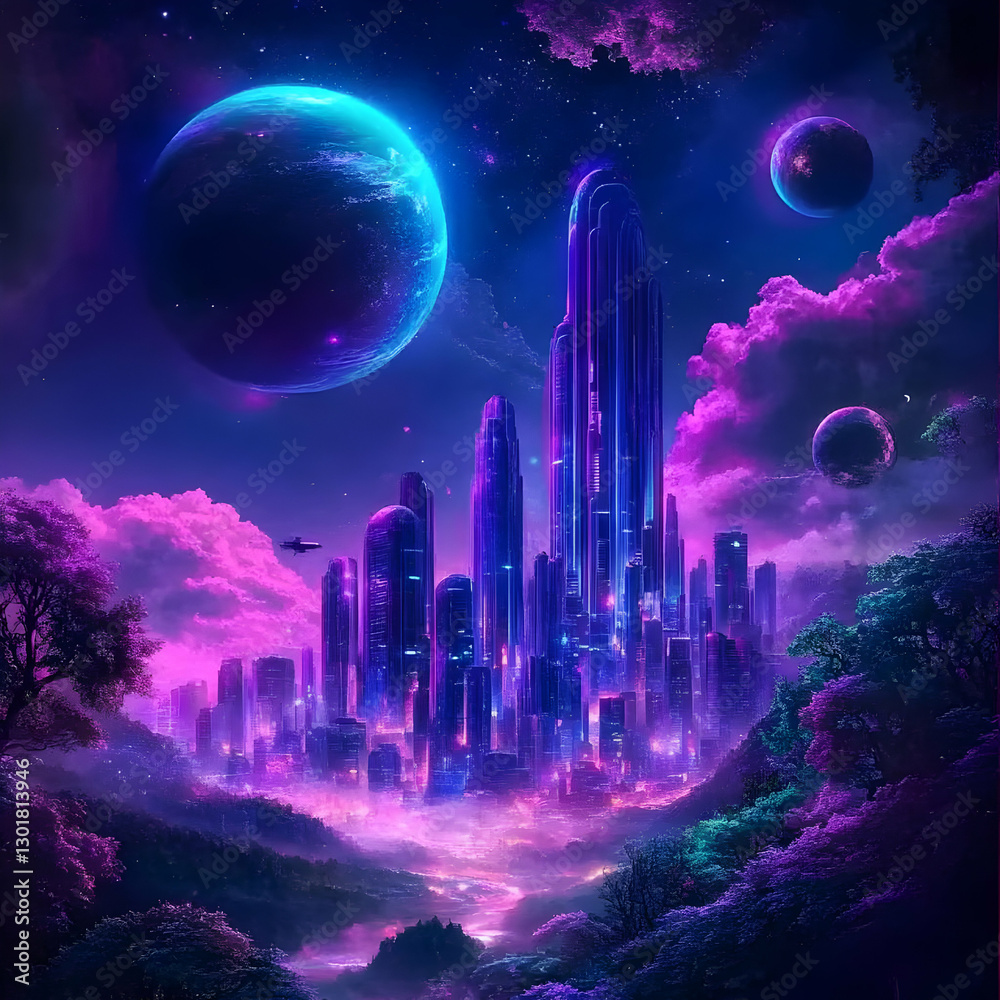 Obraz premium Illustration - Futuristic Cityscape, Planets, and Lush Forest at Night
