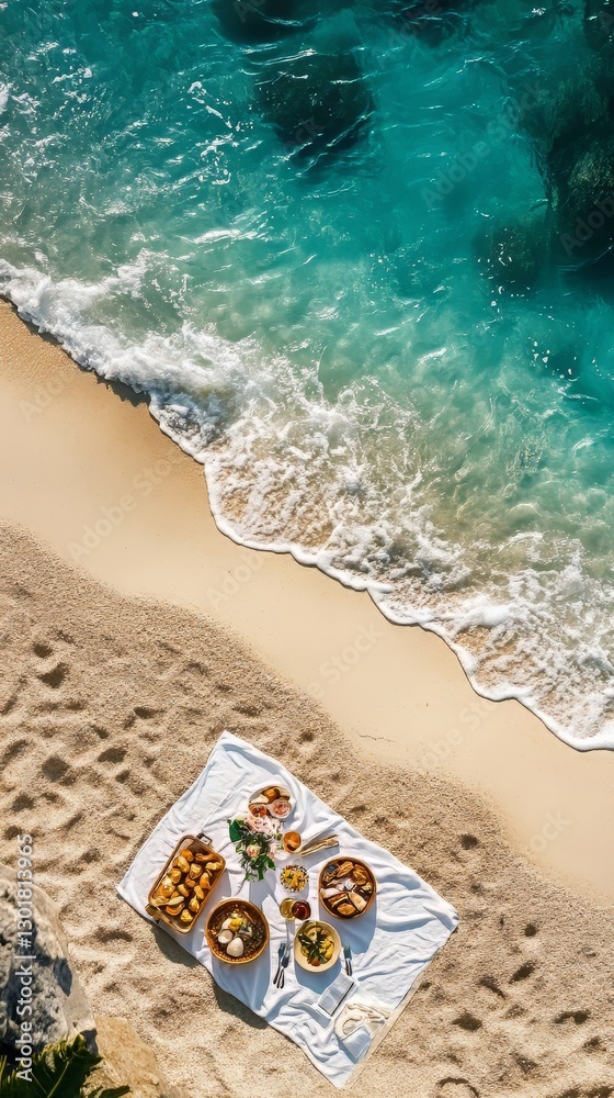 Fototapeta premium A beach scene with a table full of food and drinks. The tablecloth is orange and white, and the food includes bread, fruit, and a sandwich. The atmosphere is relaxed and inviting