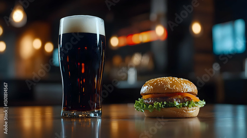 Dark Beer and Burger in Pub...