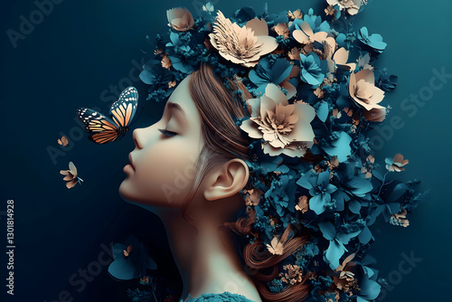 3D Illustration Girl, Flowe...