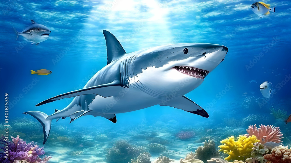 Fototapeta premium Illustration of Great White Shark, Ocean, Coral Reef, Fish