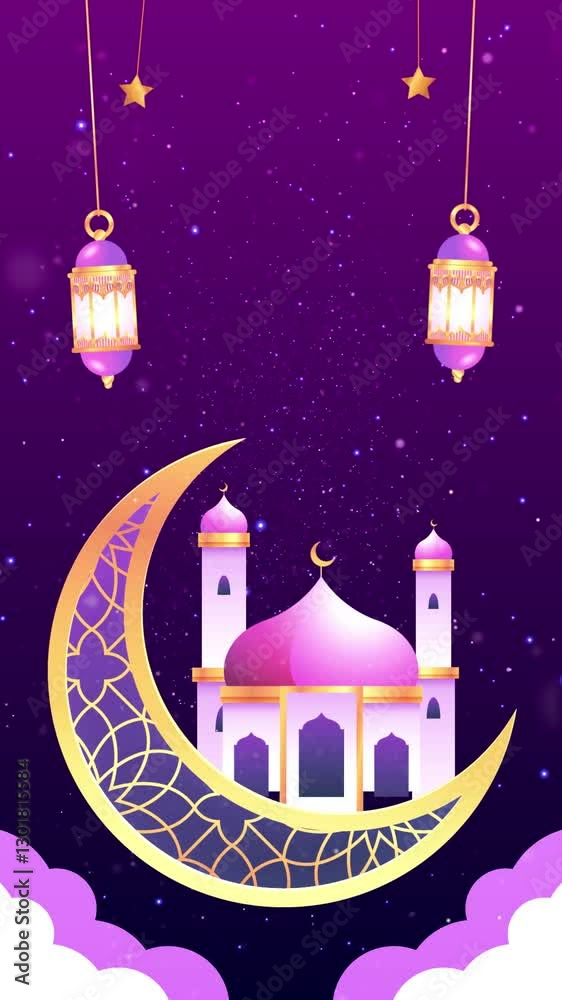 Vertical animated video with Islamic background, mosque and moon and lantern ornaments. Suitable as a background for celebrating Ramadan Kareem, Eid al-Adha, Eid al-Fitr, Eid al-Fitr Vertical animated video with Islamic background, mosque and moon and lantern ornaments. Suitable as a background for celebrating Ramadan Kareem, Eid al-Adha, Eid al-Fitr, Eid al-Fitr