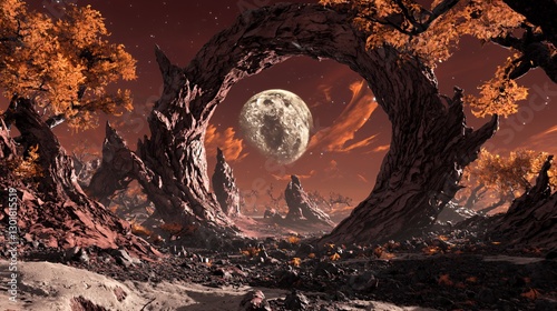 Pixel Art Fantasy Landscape with Red Moon and Rock Arches