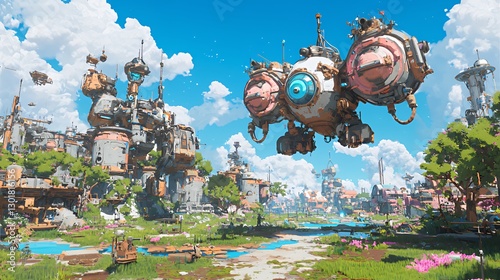Pixel Art Fantasy Village with Airship and Bright Sky