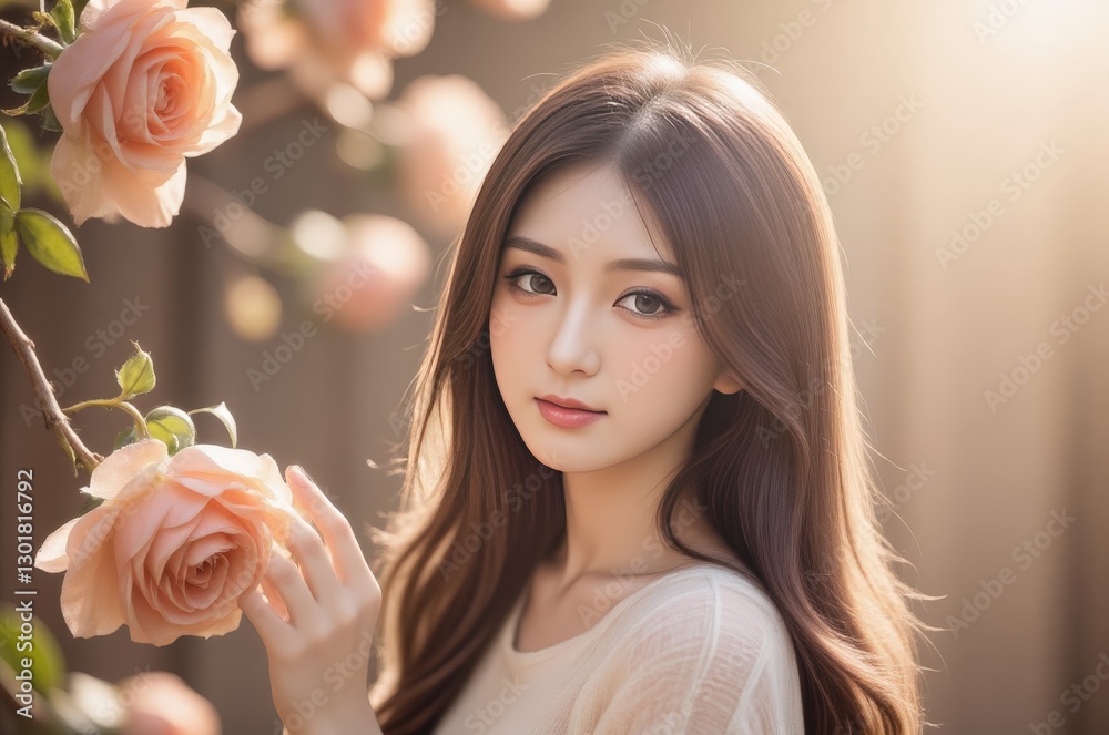 Naklejka premium Elegant Asian Woman with Roses in Garden: Beauty, Bloom, Portrait, Feminine, Spring, Flower, Model, Light