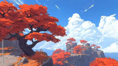 Pixel Art Landscape of Red Trees on a Cliffside Under a Blue Sky