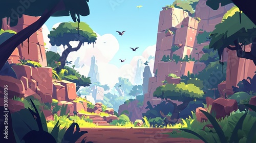 Pixel Art Jungle Landscape with a Path Through Rocky Cliffs