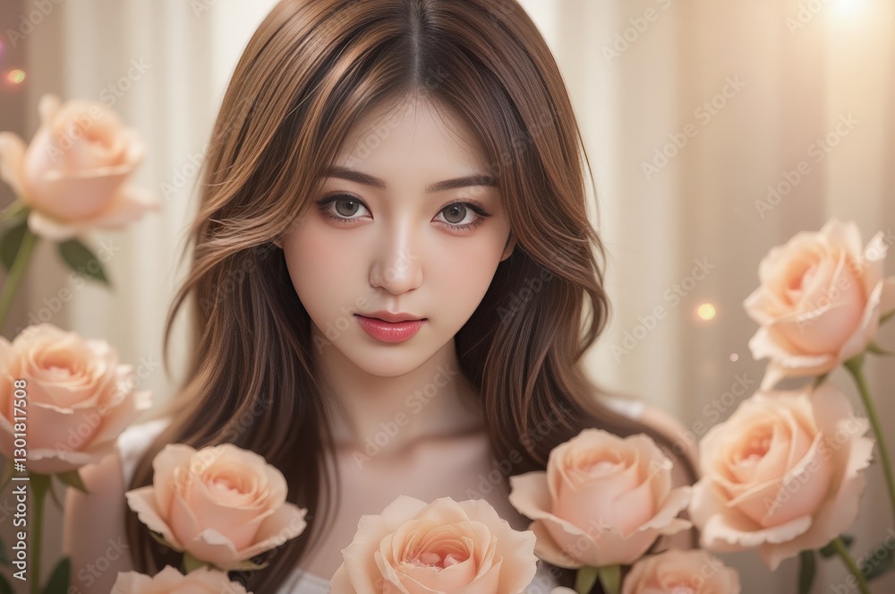 Beautiful Asian Woman Surrounded by Peach Roses: Portrait of Youthful Beauty and Floral Elegance Beautiful Asian Woman Surrounded by Peach Roses: Portrait of Youthful Beauty and Floral Elegance