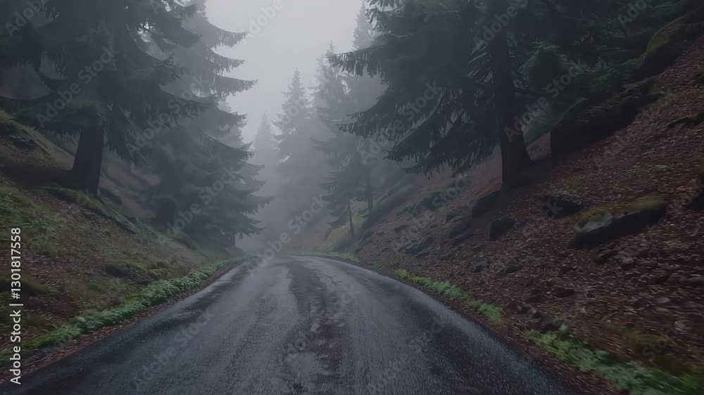 Foggy forest road with tall evergreen trees and misty atmosphere, nature concept