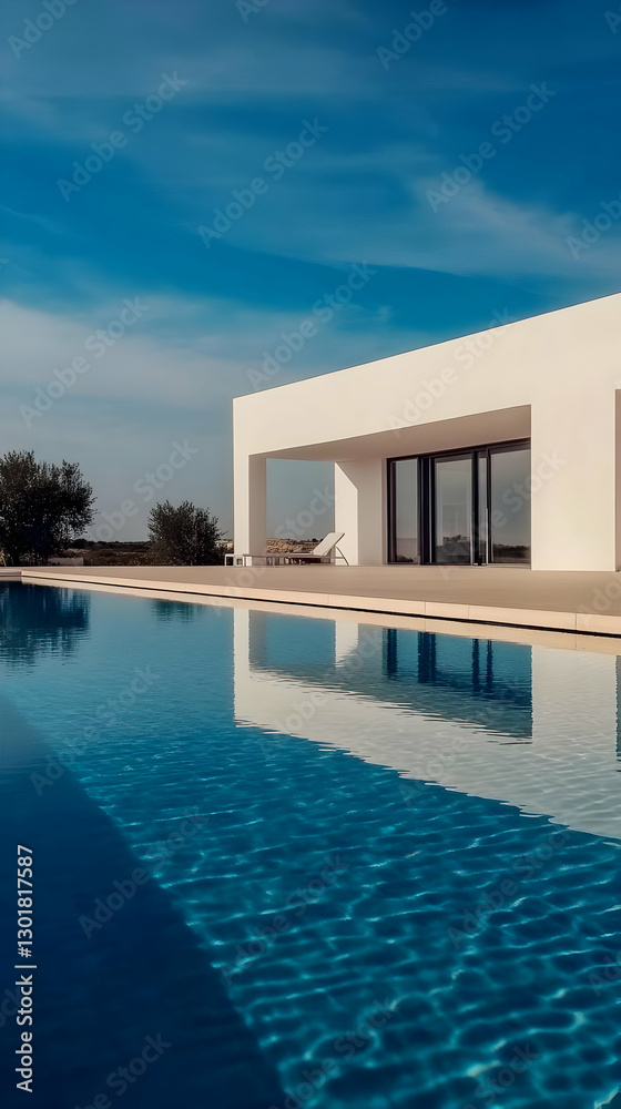 Fototapeta premium Photo Modern White Villa, Azure Pool Reflection, Tranquil Sky - Architectural Photography