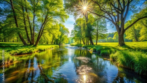 Crystal Clear River Meadow Photography: Serene Stream, Lush Greenery, Tranquil Nature Scene