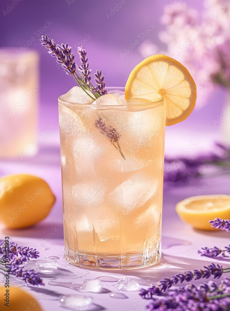 Refreshing Lavender Lemonade with Ice and Lemon Slice Surrounded by Lavender Flowers on a Soft Purple Background