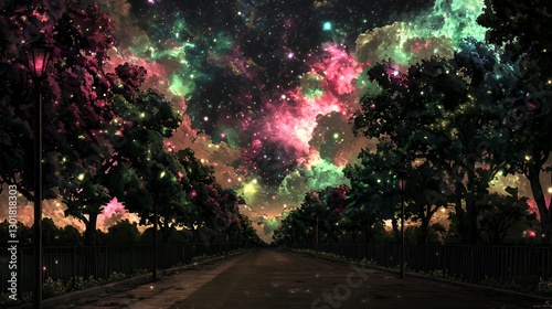 Pixel Art Night Scene: Colorful Nebula Over Tree-Lined Road