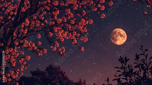 Pixel Art Night Scene with Pink Blossoms and Full Orange Moon