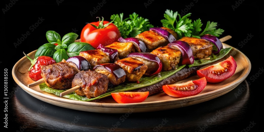 Delicious Turkish Patlican Kebab & Meatball Grill - Low Light Middle Eastern Food Photography Delicious Turkish Patlican Kebab & Meatball Grill - Low Light Middle Eastern Food Photography