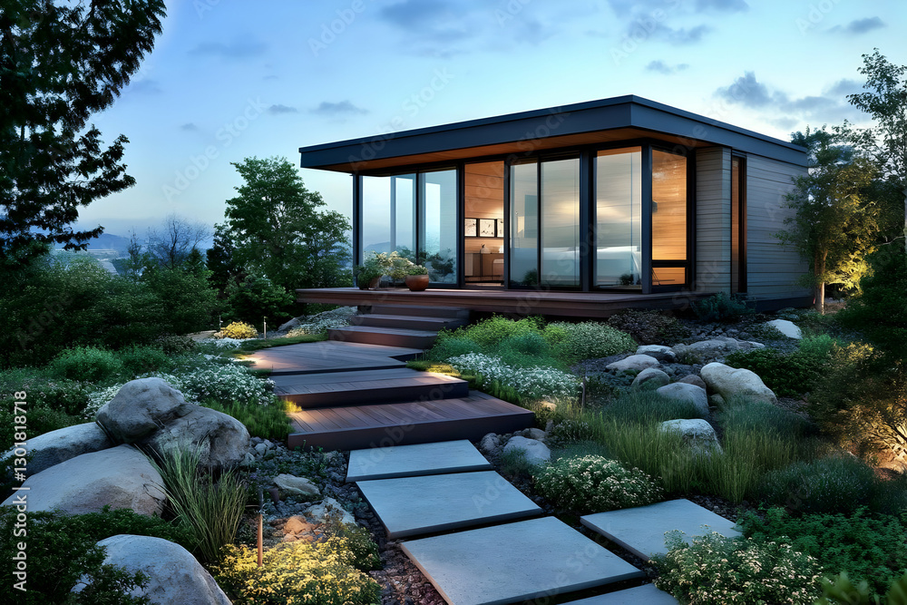 Obraz premium 3D Illustration Modern Home Architecture, Landscape Design, Evening Scene