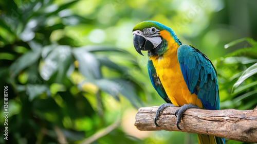 Elegant exotic parrot resting on wooden branch amidst lush greenery
