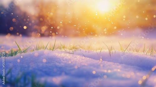 Green grass blades poking through melting snow, illuminated by warm golden sunlight, symbolizing the arrival of spring