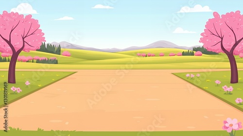Pixel Art Spring Landscape with Pink Cherry Blossom Trees and Path