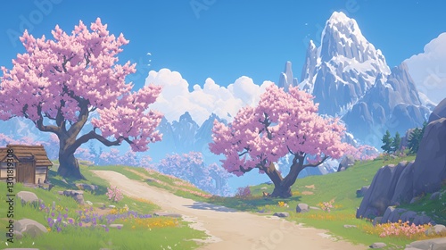 Pixel Art Spring Landscape with Pink Cherry Blossoms and Mountains