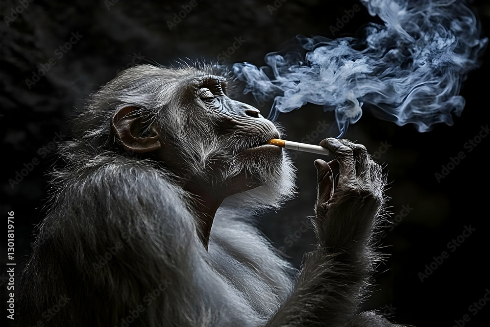 Obraz premium Illustration of a Monkey Smoking, Animal, Smoke, Cigarette, Fur, Portrait, Dark, Addiction, Wildlife, Unhealthy