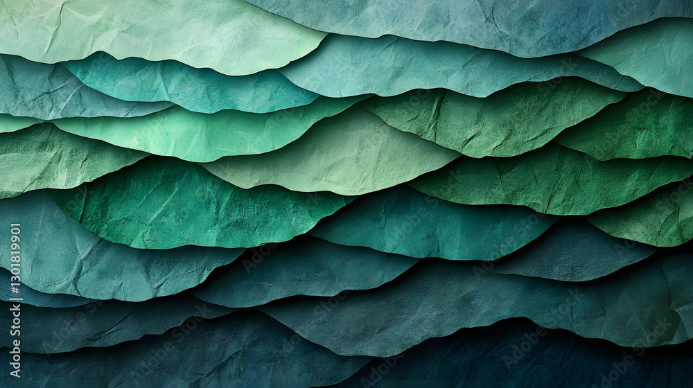 Obraz premium A stunning layered paper texture background in shades of green and blue, creating a dynamic and organic visual effect