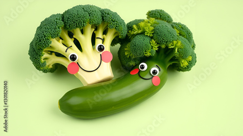 creative funny vegetables. Broccoli and cucumber on a light green background