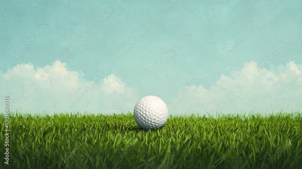 Golf Ball on Green Grass Field Against Blue Sky and Clouds Golf Ball on Green Grass Field Against Blue Sky and Clouds