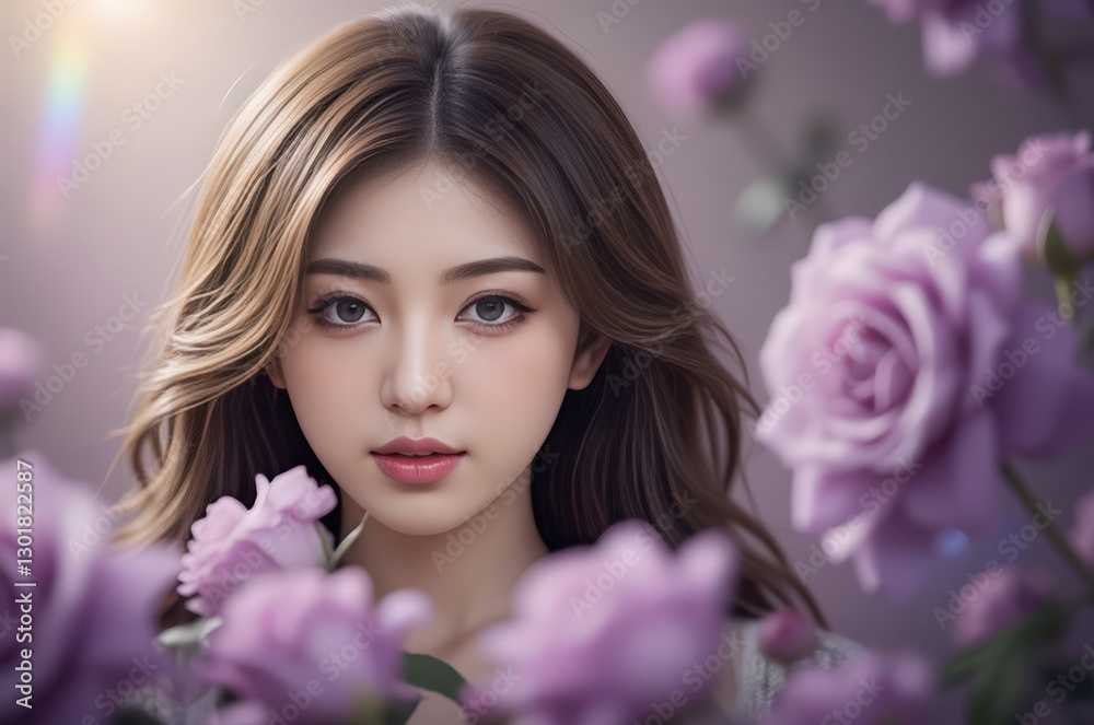 Asian Beauty in a Floral Embrace: Portrait of Young Woman with Lavender Roses Asian Beauty in a Floral Embrace: Portrait of Young Woman with Lavender Roses