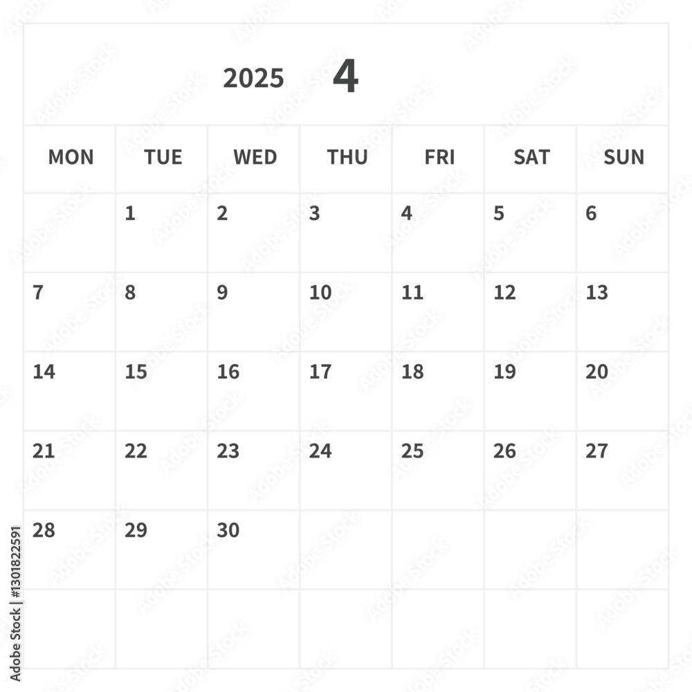 Simple square calendar for April 2025, vector, template Simple square calendar for April 2025, vector, template