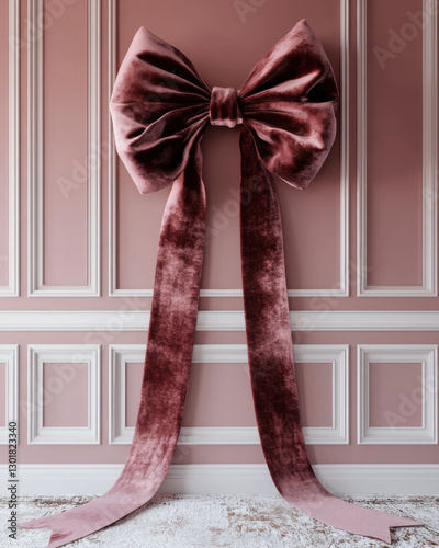 large, elegant velvet bow in soft pink hue, hanging against textured pink wall, adds touch of sophistication and charm to decor