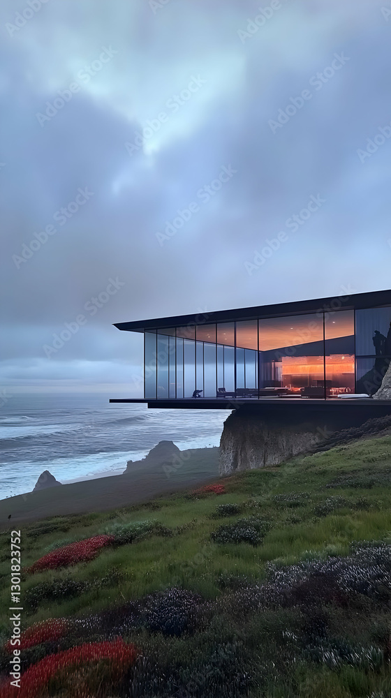 Fototapeta premium Illustration - Modern Glass House Ocean Cliff Sunset View
