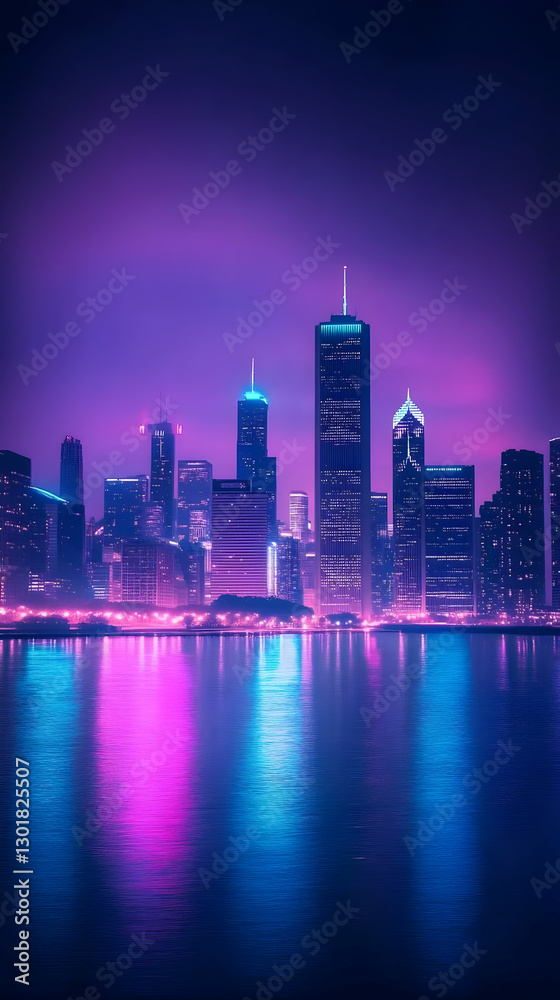Obraz premium Illustration - City Skyline at Night, Urban Landscape, Synthwave Aesthetic