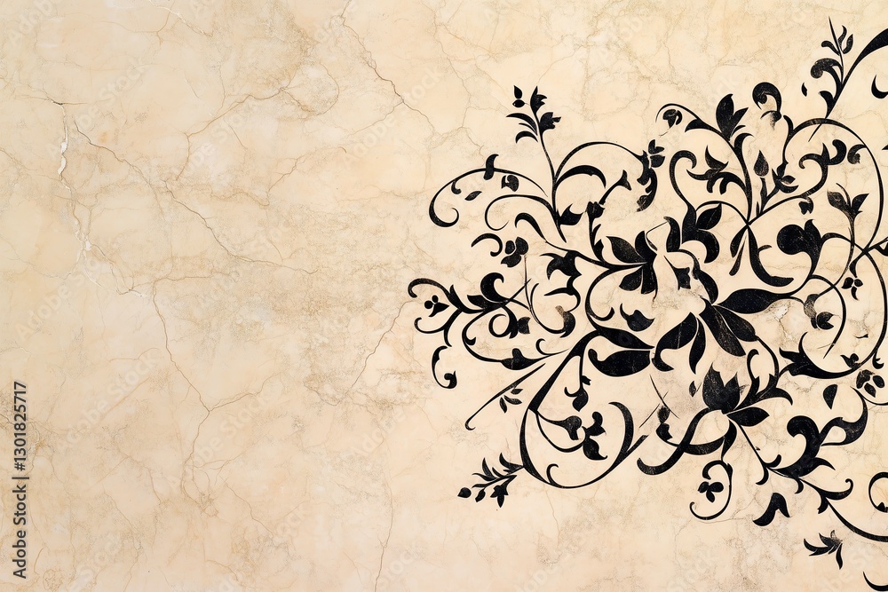 Floral Black Pattern on Beige Marble – Ideal for Invitations, Branding, and Luxury Design Floral Black Pattern on Beige Marble – Ideal for Invitations, Branding, and Luxury Design
