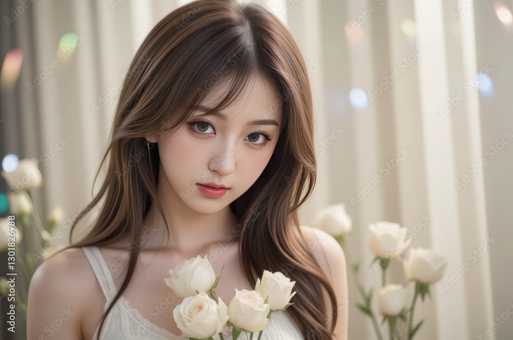 Naklejka premium Asian Woman with White Roses: Beauty, Grace, and Femininity. Portrait for romantic themes. 