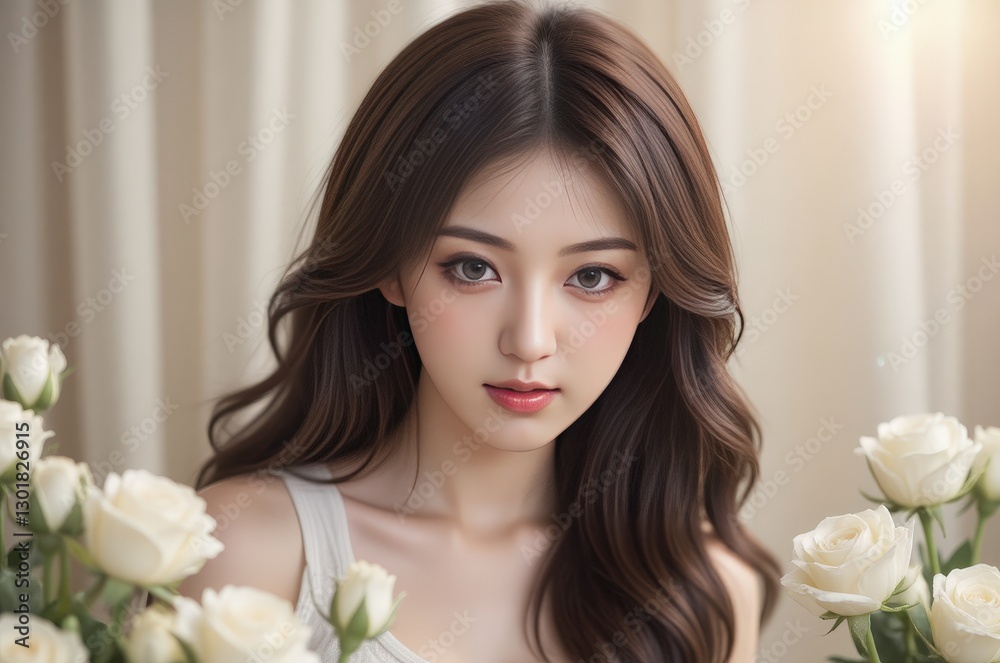 Elegant Asian Woman with White Roses: Portrait of Beauty & Serenity. Perfect for Beauty, Wedding, or Floral Themes. Elegant Asian Woman with White Roses: Portrait of Beauty & Serenity. Perfect for Beauty, Wedding, or Floral Themes.