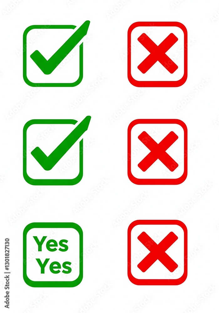 Set of Green and Red Checkbox Icons with Yes and No Signs on white Background,set of checkboxes featuring green check marks for Set of Green and Red Checkbox Icons with Yes and No Signs on white Background,set of checkboxes featuring green check marks for