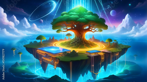 Glowing tree on futuristic floating island